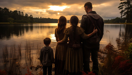 A family enjoys the sunset outdoors, embracing love and togetherness generated by artificial intelligenceの素材