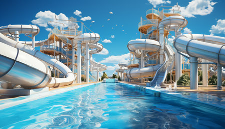 Blue water waves crash against the steel pipeline in the outdoors generated by artificial intelligenceの素材