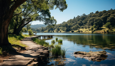Tranquil scene Reflection of old pine tree in mountain pond generated by artificial intelligenceの素材