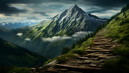 Majestic mountain peak, green meadow, tranquil forest, sunset over water generated by artificial intelligenceの素材