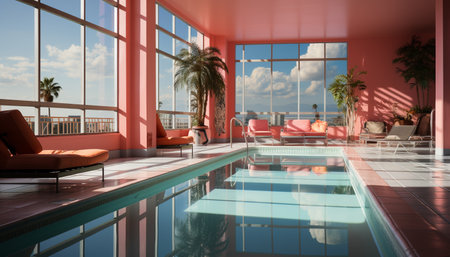 Luxury vacation in a modern villa with poolside relaxation generated by artificial intelligenceの素材