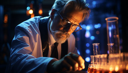 A mature scientist working in a laboratory, analyzing scientific experiments generated by artificial intelligenceの素材