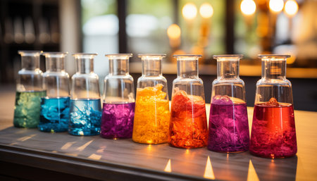 A vibrant collection of colorful liquid in glass bottles indoors generated by artificial intelligenceの素材