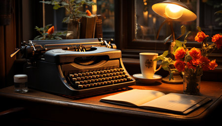 Old fashioned typewriter on wooden table, a nostalgic symbol of literature generated by artificial intelligenceの素材