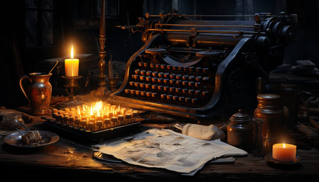 An old fashioned typewriter on a dark wooden table, candle burning generated by artificial intelligenceの素材