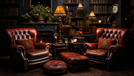 Comfortable modern living room with elegant wood furniture and lighting generated by artificial intelligenceの素材