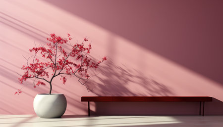 Wooden table with a vase of pink flowers in a room generated by artificial intelligenceの素材