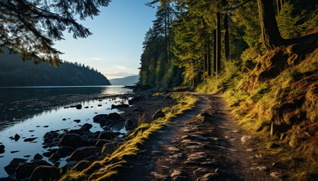 Tranquil scene of a mountain reflecting in a calm water generated by artificial intelligenceの素材