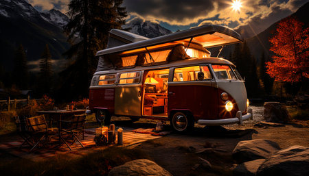 Outdoors camping, car travel, mountain adventure, summer vacations, motor home generated by artificial intelligenceの素材