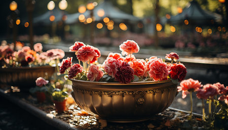 A fresh bouquet of multi colored flowers adorns the wooden table generated by artificial intelligenceの素材