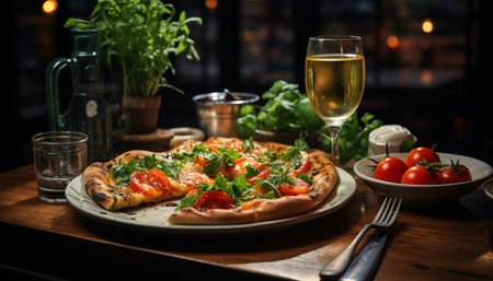 Freshly cooked gourmet meal on wooden table, ready to eat and delicious generated by artificial intelligenceの素材