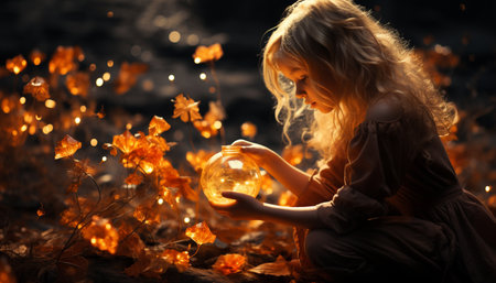 A cute blonde girl sitting in a forest, enjoying nature generated by artificial intelligenceの素材