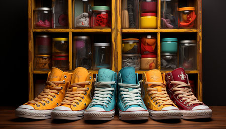 A modern collection of sports shoes in a large store generated by artificial intelligenceの素材