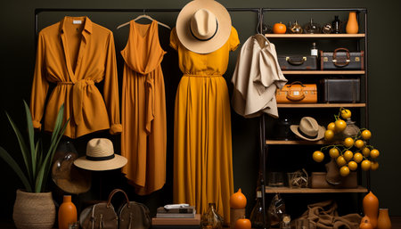 Fashionable women clothing collection in an elegant boutique store generated by artificial intelligenceの素材