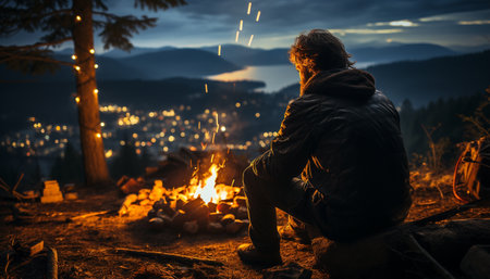 A lone adult sits by the campfire, enjoying the glowing flames generated by artificial intelligenceの素材