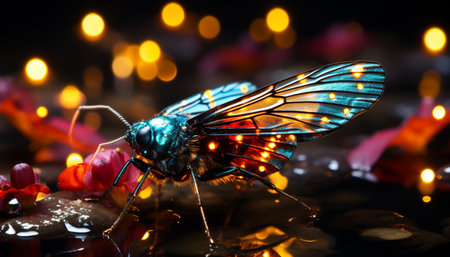 Vibrant colored butterfly flying in nature, illuminated by night light generated by artificial intelligenceの素材
