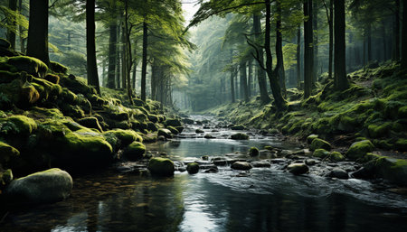 Tranquil scene of a wet, green forest with flowing water generated by artificial intelligenceの素材
