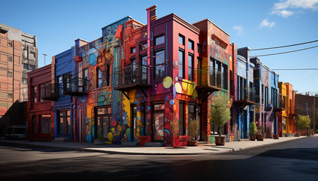 Vibrant cityscape, illuminated skyscrapers, colorful buildings, bustling streets, modern architecture generated by artificial intelligenceの素材