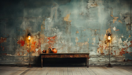 Spooky old Halloween table with pumpkin decoration in dark room generated by artificial intelligenceの素材