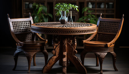 Wooden chair in a modern, elegant, and old fashioned dining room generated by artificial intelligenceの素材