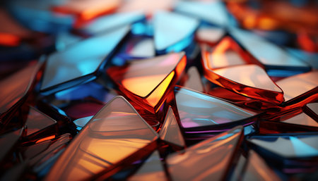 Vibrant colored gemstone reflects bright, abstract shapes in glass window generated by artificial intelligenceの素材