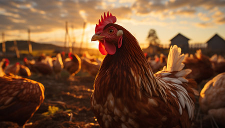 A majestic rooster stands in a vibrant meadow, looking at sunrise generated by artificial intelligenceの素材