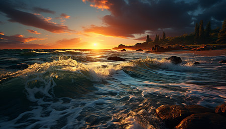 Sunset over the tranquil coastline, nature beauty reflected in water generated by artificial intelligenceの素材