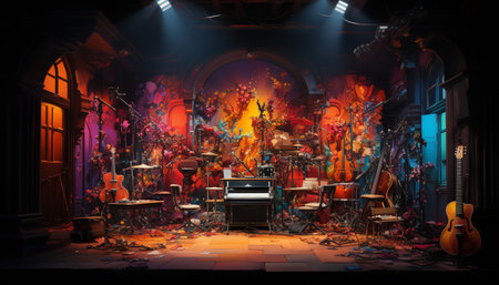 Indoor performance space illuminated by colorful lighting equipment, musicians playing guitar and violin generated by artificial intelligenceの素材