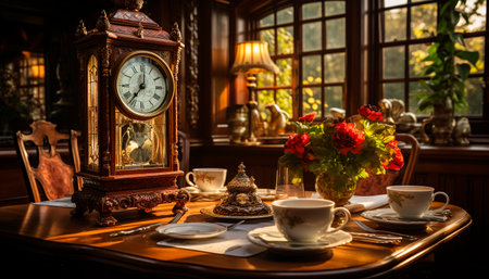Wooden table, old fashioned clock, coffee cup, window, elegant home interior generated by artificial intelligenceの素材