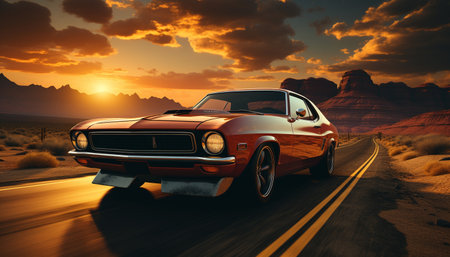 A shiny sports car speeds through the mountain landscape at sunset generated by artificial intelligenceの素材