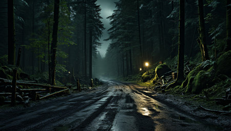 Mysterious fog blankets dark forest, revealing spooky footpath generated by artificial intelligenceの素材