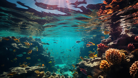 Underwater fish reef, nature blue deep coral tropical climate generated by artificial intelligenceの素材