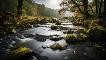 Tranquil scene of a wet forest with flowing water motion generated by artificial intelligenceの素材