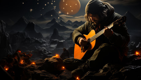 A young adult guitarist plays an acoustic guitar by the fire generated by artificial intelligenceの素材
