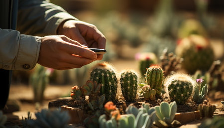 A man hand holding a green plant, working outdoors generated by artificial intelligenceの素材