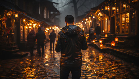 Young adults walking in the city at night, illuminated by streetlights generated by artificial intelligenceの素材