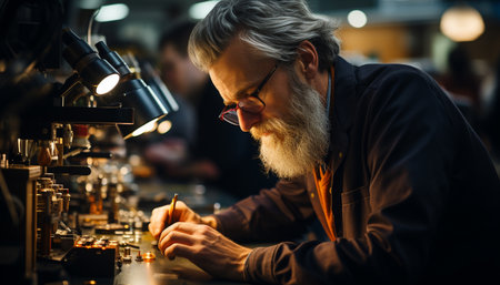A mature man, expert in craft, making coffee in workshop generated by artificial intelligenceの素材