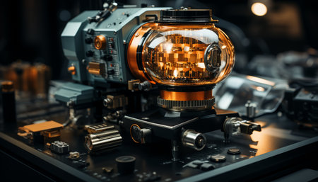 Working inside a factory, engineers use machinery to manufacture equipment generated by artificial intelligenceの素材