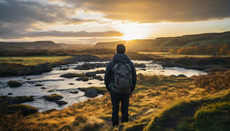 A man hiking in the mountains, enjoying the sunset beauty generated by artificial intelligenceの素材