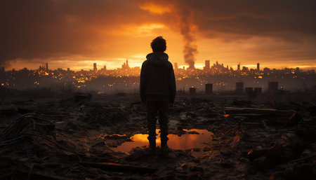 Silhouette of businessman standing in cityscape, skyscrapers, sunset, nature generated by artificial intelligenceの素材