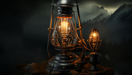 Glowing lantern illuminates dark night with rusty old fashioned charm generated by artificial intelligenceの素材