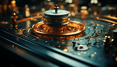 Luxury nightclub machinery spins gold, illuminating the old fashioned turntable generated by artificial intelligenceの素材