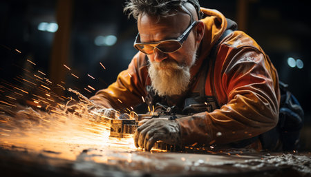 A skilled metalworker in a factory welds with protective eyewear generated by artificial intelligenceの素材