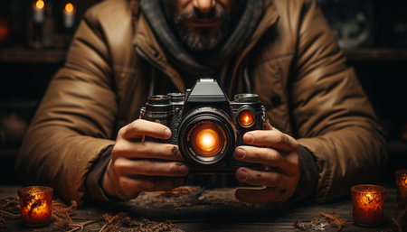 A man holding a camera, photographing in the dark night generated by artificial intelligenceの素材