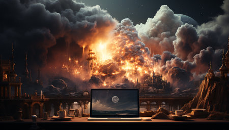 Glowing laptop on dark table, smoke fills the spooky night generated by artificial intelligenceの素材