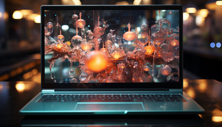Modern laptop glowing on table, illuminated by Christmas lights indoors generated by artificial intelligenceの素材