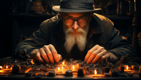 A serious old man with gray hair working by candlelight generated by artificial intelligenceの素材