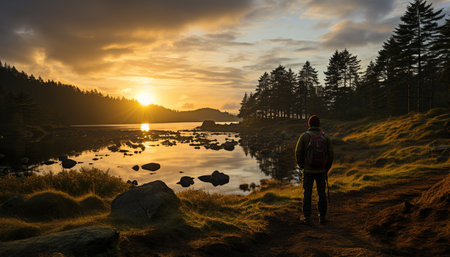 One person hiking in the mountains, enjoying the tranquil sunset generated by artificial intelligenceの素材