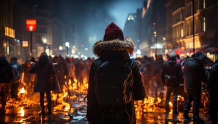 Men and women walking in the illuminated winter city at night generated by artificial intelligenceの素材