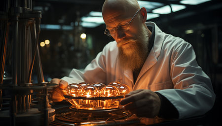 A mature scientist expertly working in a factory workshop generated by artificial intelligenceの素材
